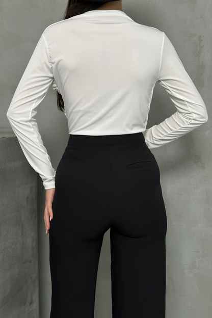 Kadın Bluz Drapeli Uzun Kollu Sandy Kumaş Yüksek Yakalı Likralı Bluz