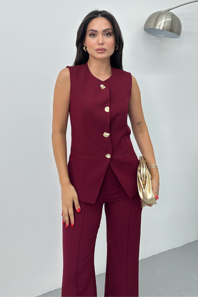 Kadın İkili Alt Üst Takım Şık Düğme Detaylı Bisiklet Yaka Regular Yelek Pantolon Takım
