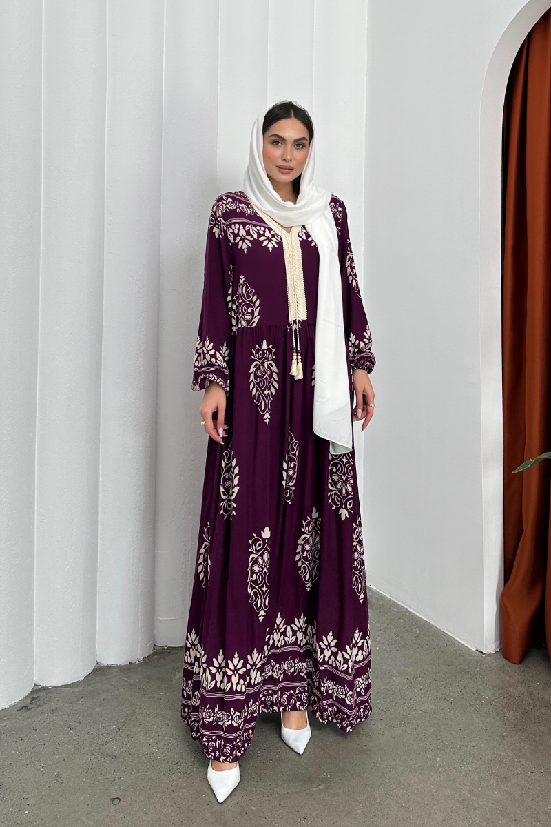 Kadın Elbise Uzun Yazlık Desenli V Yaka Tesettür Elbise