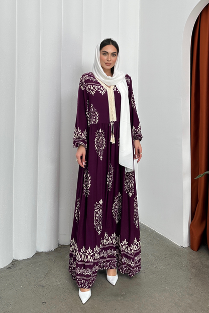 Kadın Elbise Uzun Yazlık Desenli V Yaka Tesettür Elbise