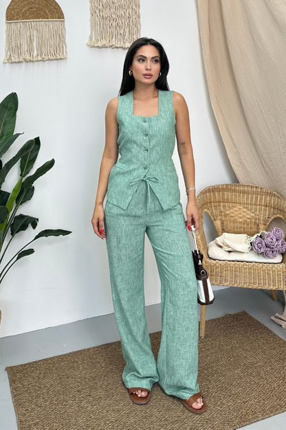 Kadın İkili Alt Üst Takım Keten Düğmeli Kare Yaka Beli Bağcıklı Regular Yelek Bol Pantolon Takım