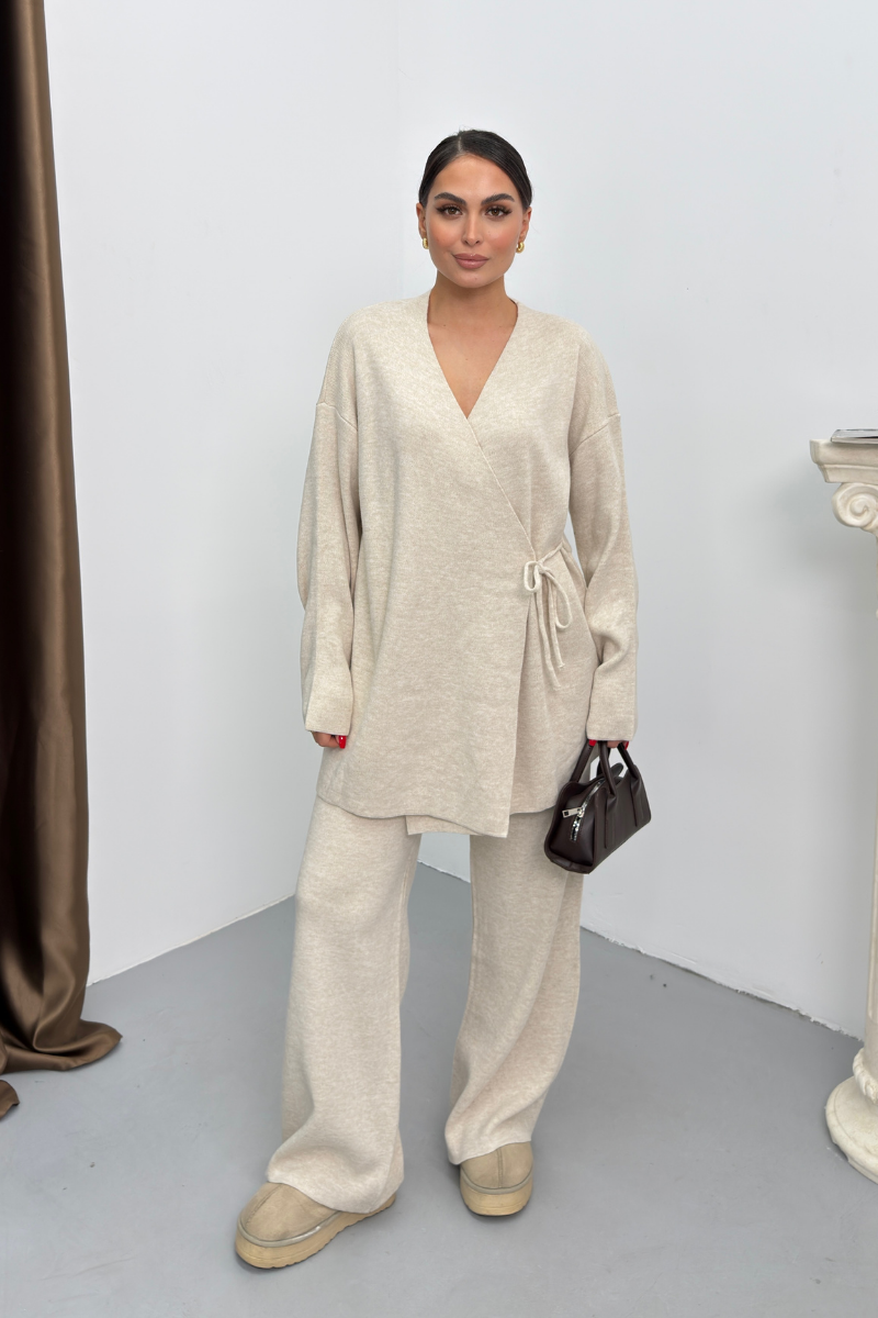 Kadın İkili Alt Üst Takım Triko Yandan Bağcıklı Kruvaze Hırka Bol Paça Pantolon Örme Takım