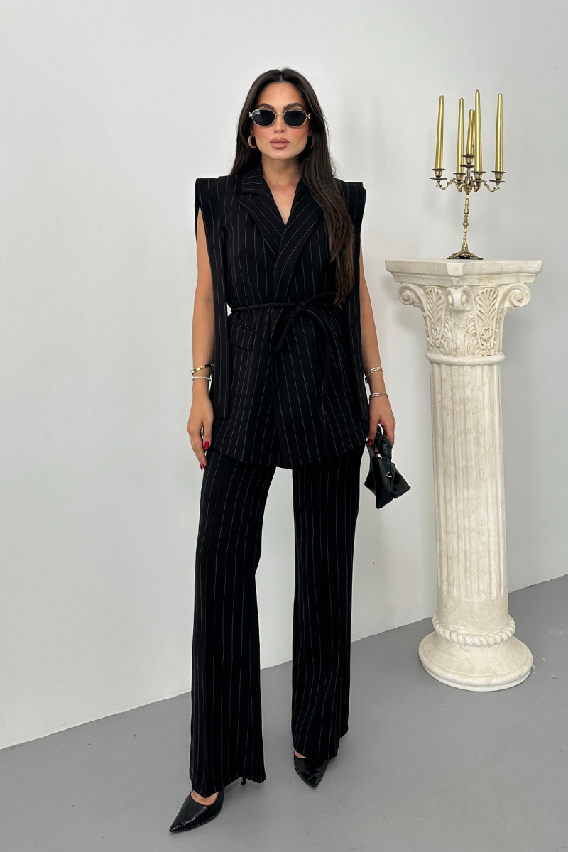 Kadın Alt Üst İkili Takım Çizgili Omuz Detaylı Kuşaklı Yelek Pantolon Takım