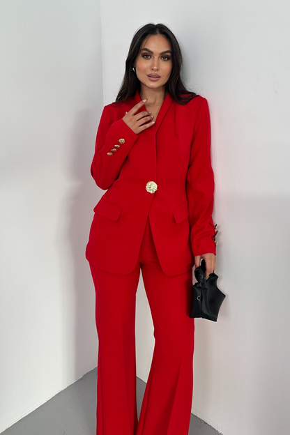 Kadın İkili Takım Şık Düğme Detaylı Dik Yaka Blazer Ceket Bol Paça Pantolon Takım