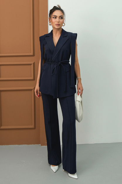 Kadın Alt Üst İkili Takım Omuz Detaylı Kuşaklı Yelek Pantolon Takım