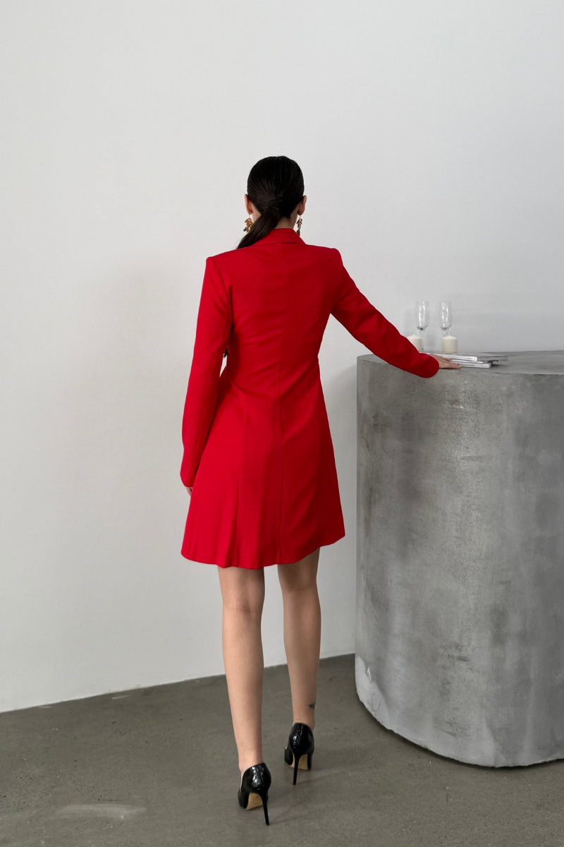 Kadın Elbise Mini Şık Uzun Kollu Kuşaklı Kruvaze Yaka Pileli Ceket Elbise