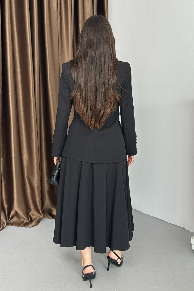 Kadın İkili Takım Şık Düğme Detaylı Dik Yaka Blazer Ceket Uzun Etek Takım