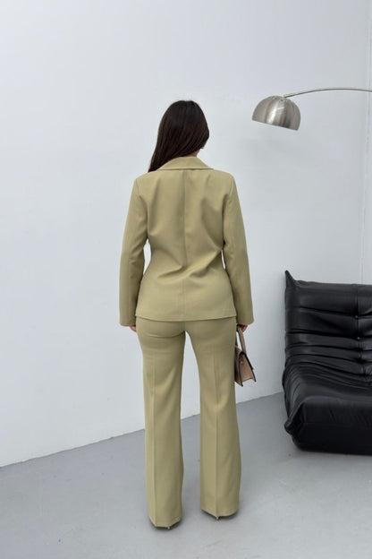 Kadın İkili Alt Üst Takım Şık Gold Düğmeli Fleto Cepli Blazer Ceket Bol Paça Pantolon Takım