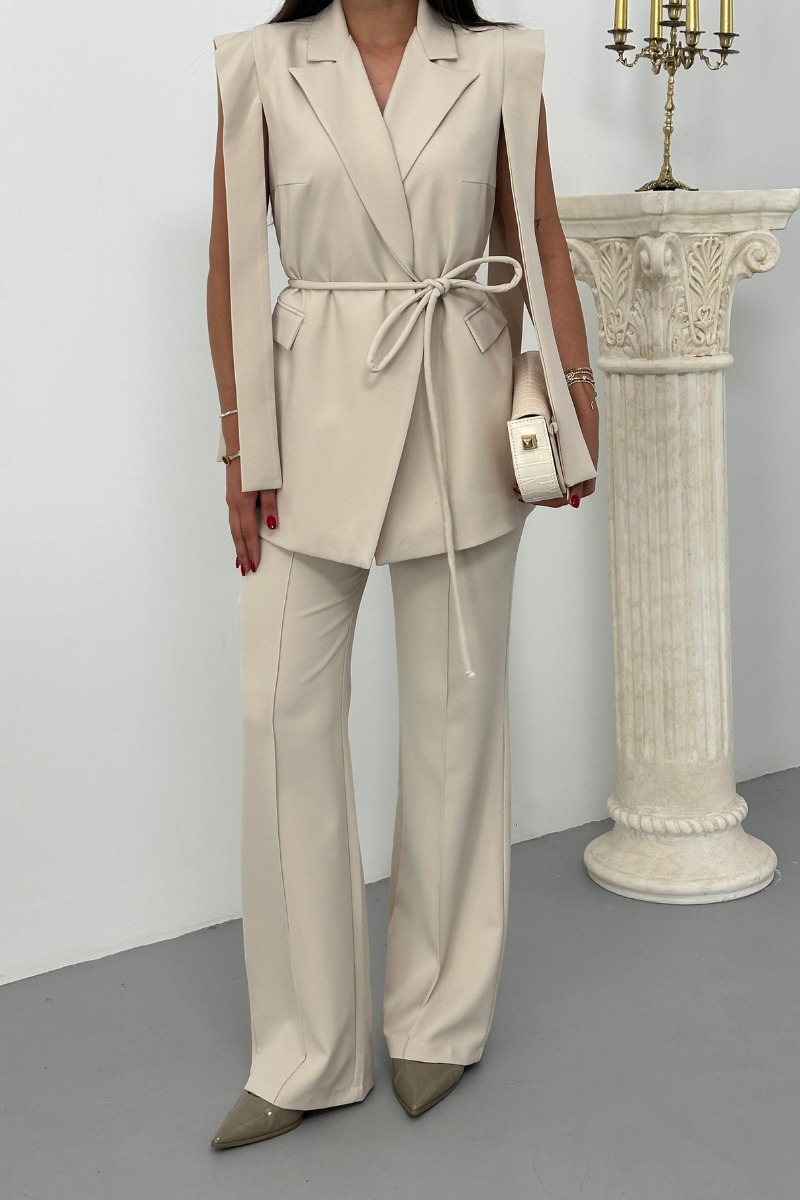 Kadın Alt Üst İkili Takım Omuz Detaylı Kuşaklı Yelek Pantolon Takım