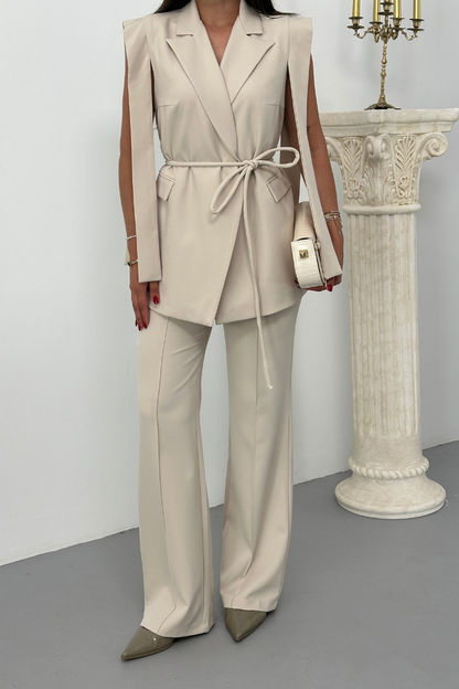 Kadın Alt Üst İkili Takım Omuz Detaylı Kuşaklı Yelek Pantolon Takım