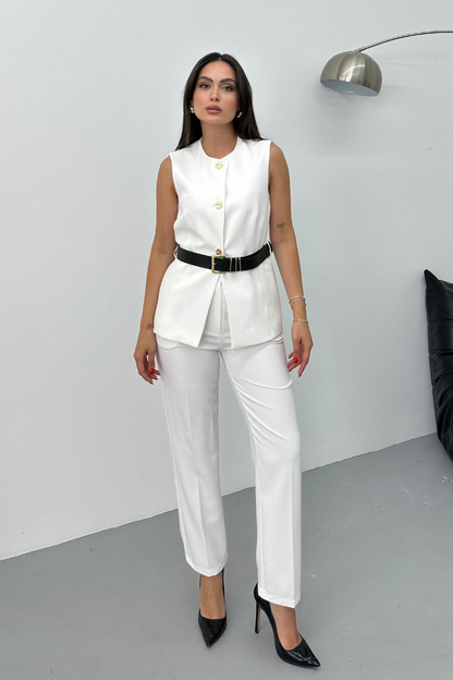Kadın İkili Alt Üst Takım Şık Kemerli Düğme Detaylı Bisiklet Yaka Regular Yelek Pantolon Takım