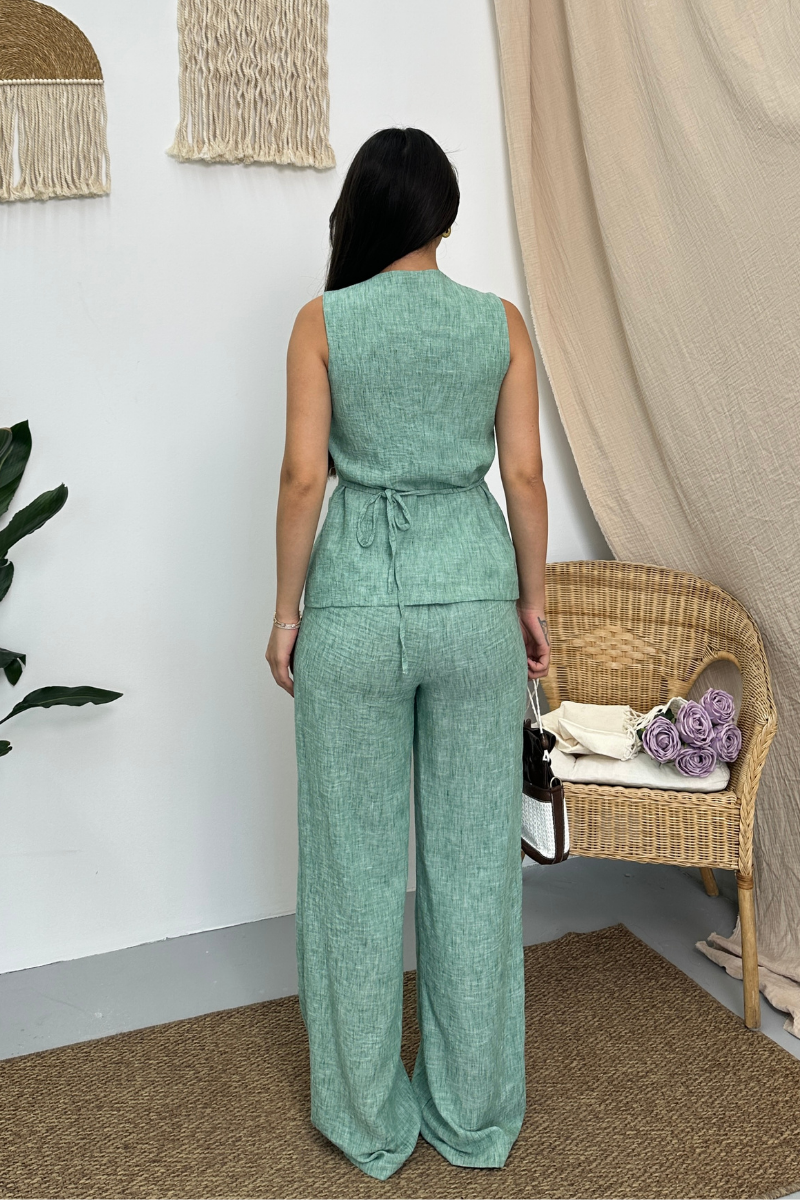 Kadın İkili Alt Üst Takım Keten Düğmeli Kare Yaka Beli Bağcıklı Regular Yelek Bol Pantolon Takım