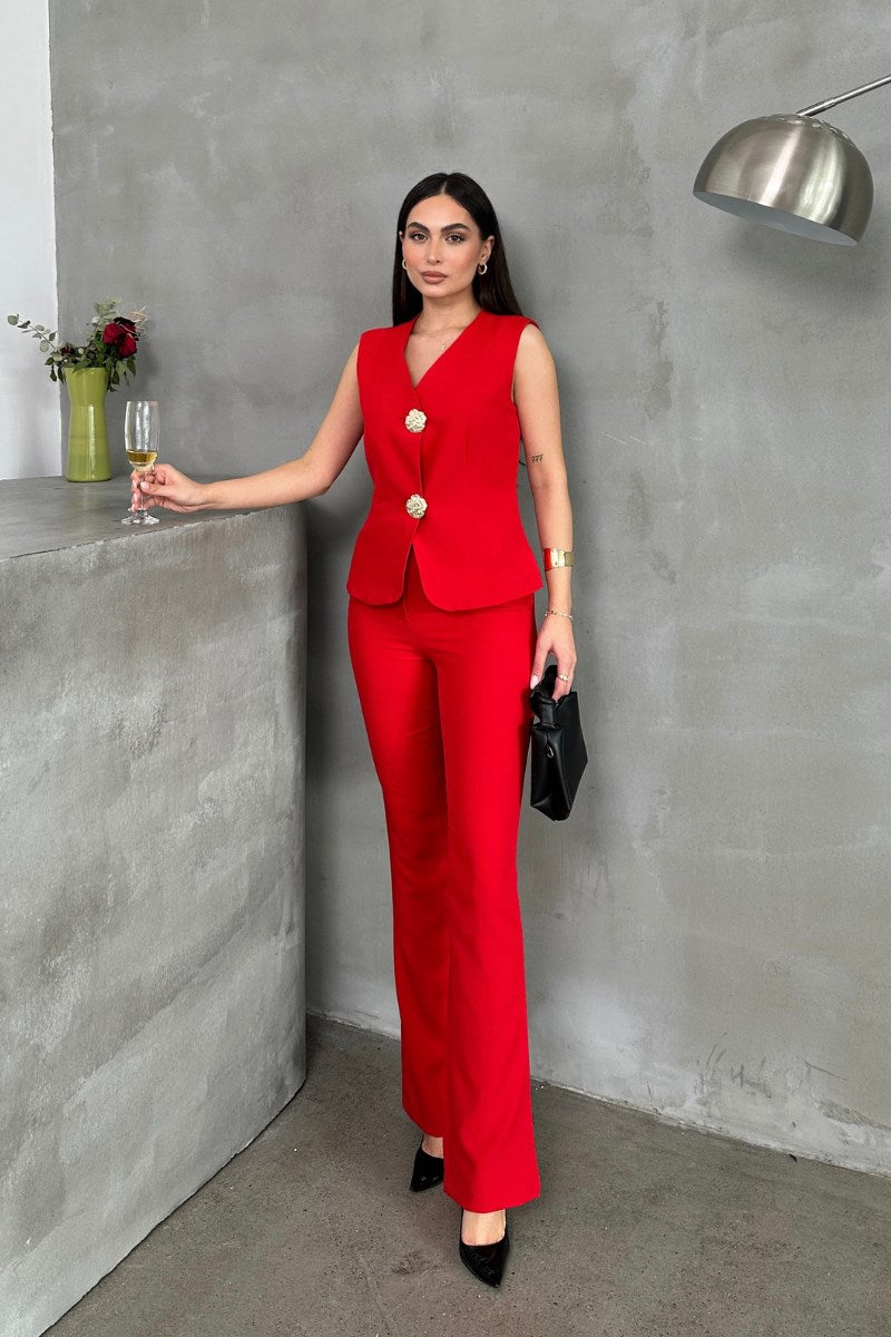 Kadın Alt Üst Takım Şık Düğme Detaylı Yelek Pantolon İkili Takım
