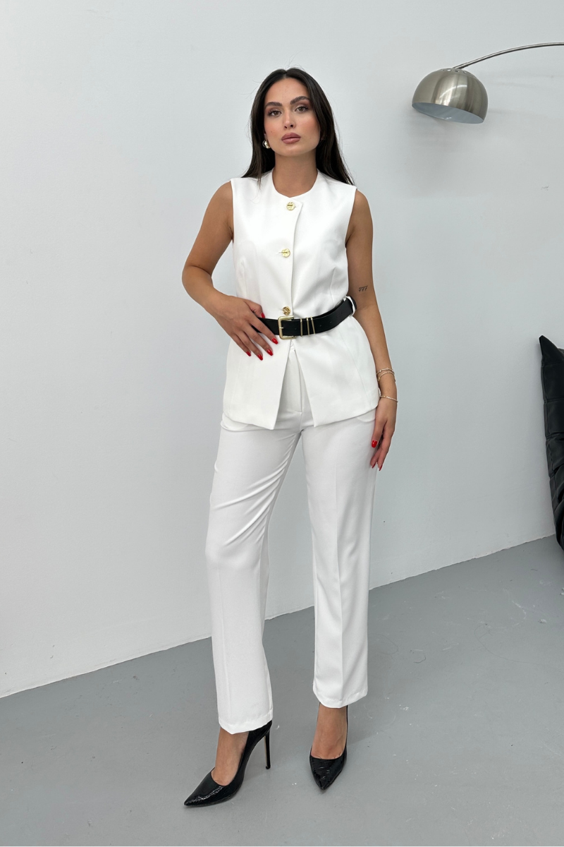 Kadın İkili Alt Üst Takım Şık Kemerli Düğme Detaylı Bisiklet Yaka Regular Yelek Pantolon Takım