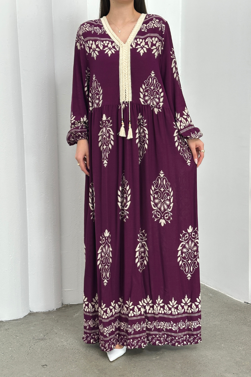 Kadın Elbise Uzun Yazlık Desenli V Yaka Tesettür Elbise