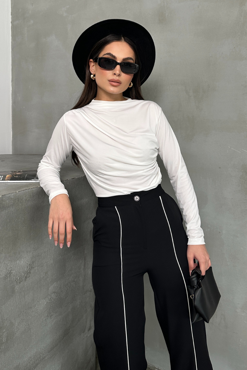 Kadın Bluz Drapeli Uzun Kollu Sandy Kumaş Yüksek Yakalı Likralı Bluz