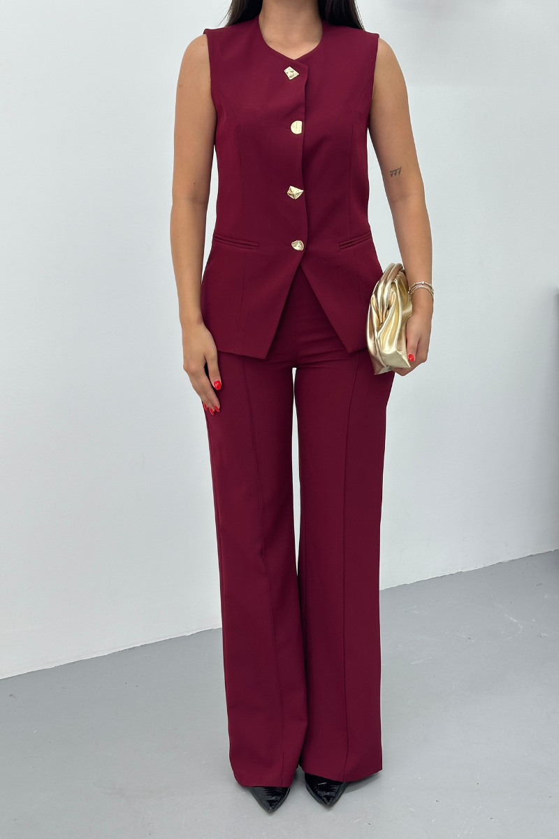 Kadın İkili Alt Üst Takım Şık Düğme Detaylı Bisiklet Yaka Regular Yelek Pantolon Takım
