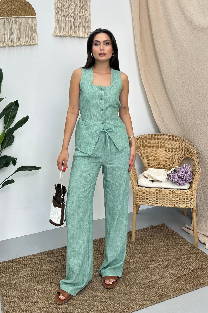 Kadın İkili Alt Üst Takım Keten Düğmeli Kare Yaka Beli Bağcıklı Regular Yelek Bol Pantolon Takım