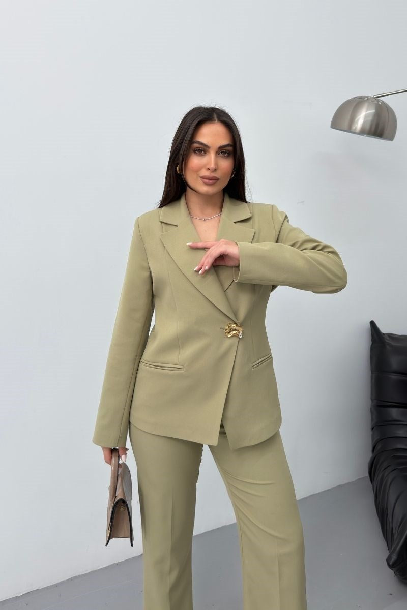 Kadın İkili Alt Üst Takım Şık Gold Düğmeli Fleto Cepli Blazer Ceket Bol Paça Pantolon Takım
