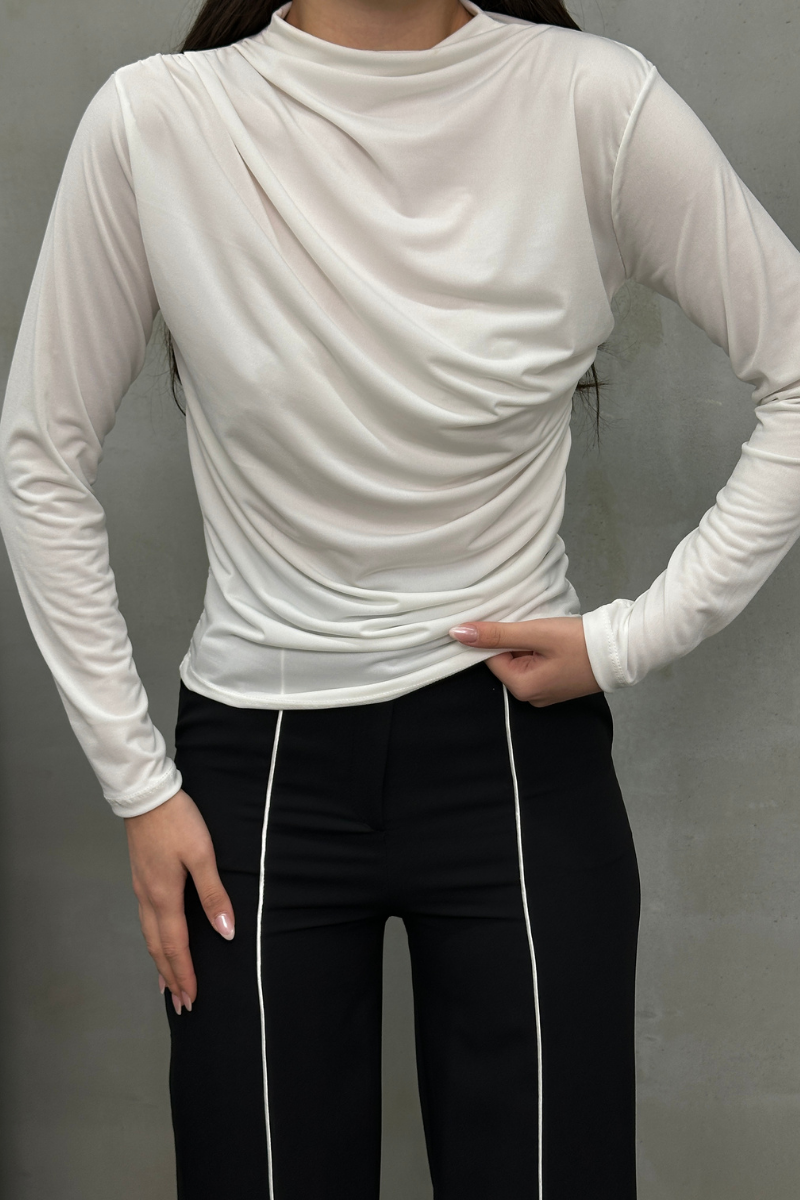 Kadın Bluz Drapeli Uzun Kollu Sandy Kumaş Yüksek Yakalı Likralı Bluz