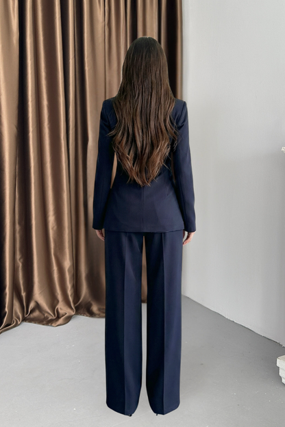 Kadın Ceket Pantolon Takım Beli Bağlama Detaylı Blazer Ceket Bol Paça Pantolon Takım Elbise