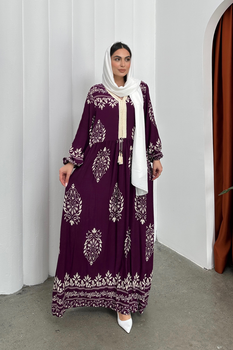 Kadın Elbise Uzun Yazlık Desenli V Yaka Tesettür Elbise