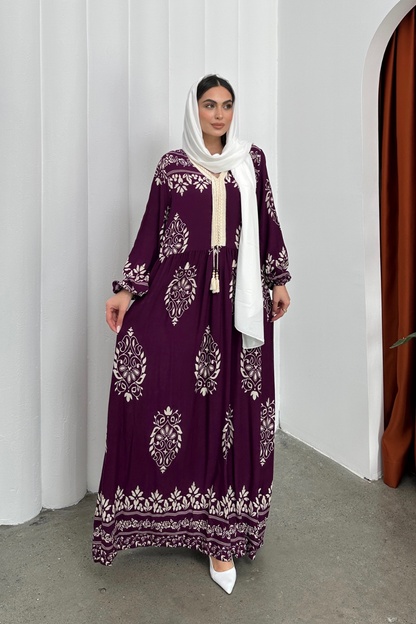 Kadın Elbise Uzun Yazlık Desenli V Yaka Tesettür Elbise