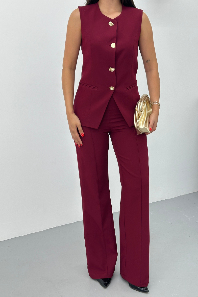 Kadın İkili Alt Üst Takım Şık Düğme Detaylı Bisiklet Yaka Regular Yelek Pantolon Takım