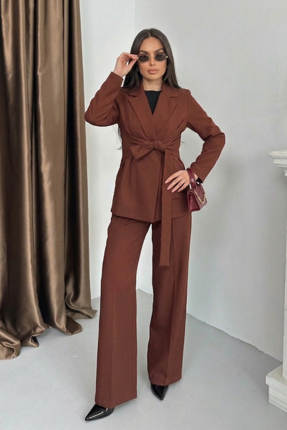 Kadın Ceket Pantolon Takım Beli Bağlama Detaylı Blazer Ceket Bol Paça Pantolon Takım Elbise