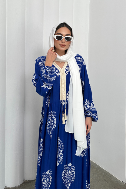Kadın Elbise Uzun Yazlık Desenli V Yaka Tesettür Elbise