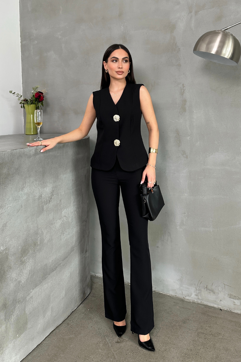 Kadın Alt Üst Takım Şık Düğme Detaylı Yelek Pantolon İkili Takım