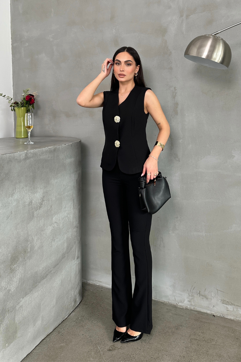 Kadın Alt Üst Takım Şık Düğme Detaylı Yelek Pantolon İkili Takım