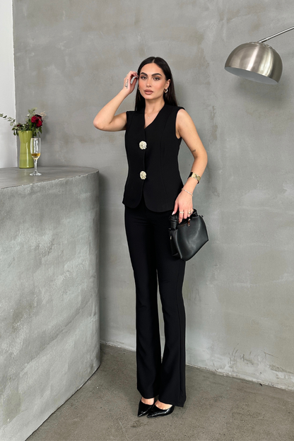 Kadın Alt Üst Takım Şık Düğme Detaylı Yelek Pantolon İkili Takım