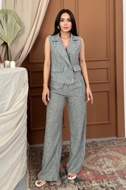 Kadın Alt Üst Takım Keten Düğme ve Cep Detaylı Kruvaze Yaka Yelek Bol Paça Pantolon Takım