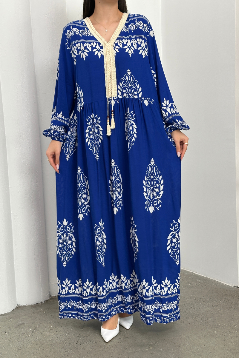 Kadın Elbise Uzun Yazlık Desenli V Yaka Tesettür Elbise