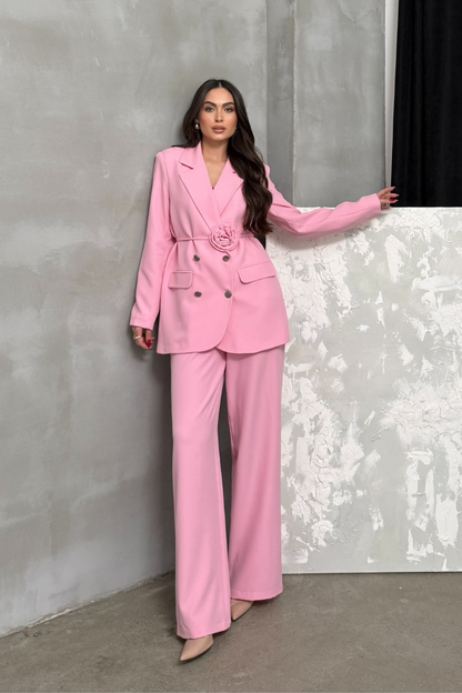 Kadın İkili Blazer Ceket Pantolon Takım Aksesuar ve Düğme Detaylı Bol Paça