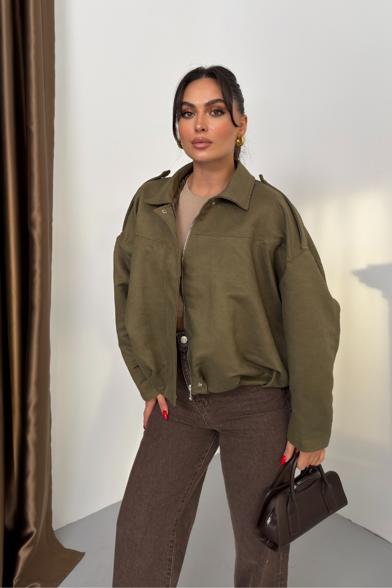 Kadın Mont Kısa Oversize Süet Fermuarlı Gömlek Yaka Düşük Omuz Ceket