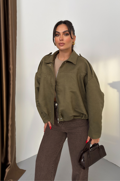 Kadın Mont Kısa Oversize Süet Fermuarlı Gömlek Yaka Düşük Omuz Ceket