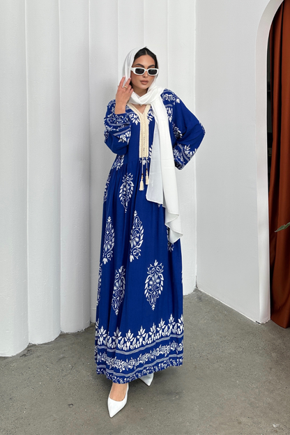 Kadın Elbise Uzun Yazlık Desenli V Yaka Tesettür Elbise