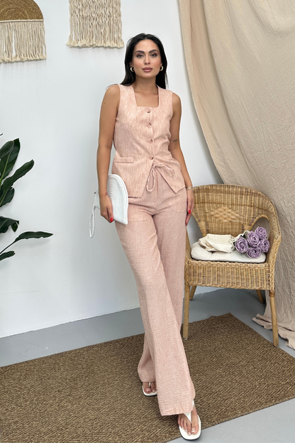 Kadın İkili Alt Üst Takım Keten Düğmeli Kare Yaka Beli Bağcıklı Regular Yelek Bol Pantolon Takım