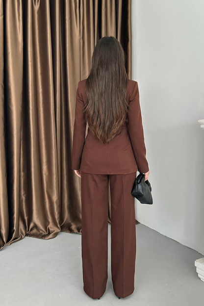 Kadın Ceket Pantolon Takım Beli Bağlama Detaylı Blazer Ceket Bol Paça Pantolon Takım Elbise
