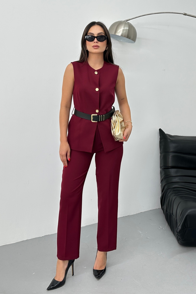 Kadın İkili Alt Üst Takım Şık Kemerli Düğme Detaylı Bisiklet Yaka Regular Yelek Pantolon Takım