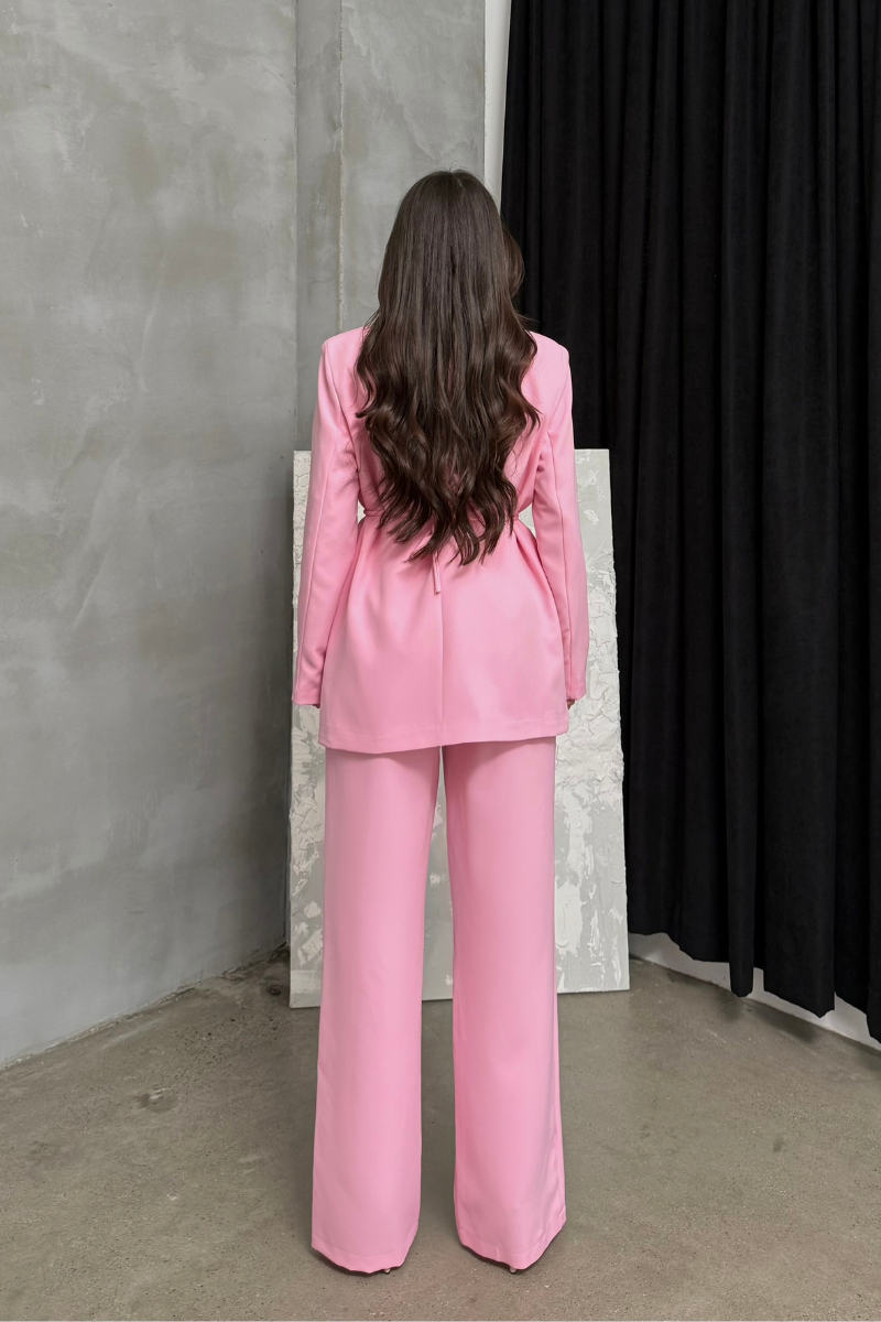 Kadın İkili Blazer Ceket Pantolon Takım Aksesuar ve Düğme Detaylı Bol Paça