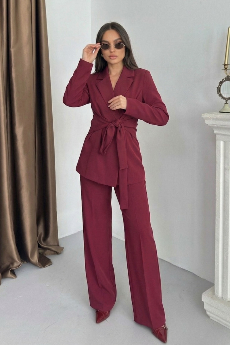Kadın Ceket Pantolon Takım Beli Bağlama Detaylı Blazer Ceket Bol Paça Pantolon Takım Elbise