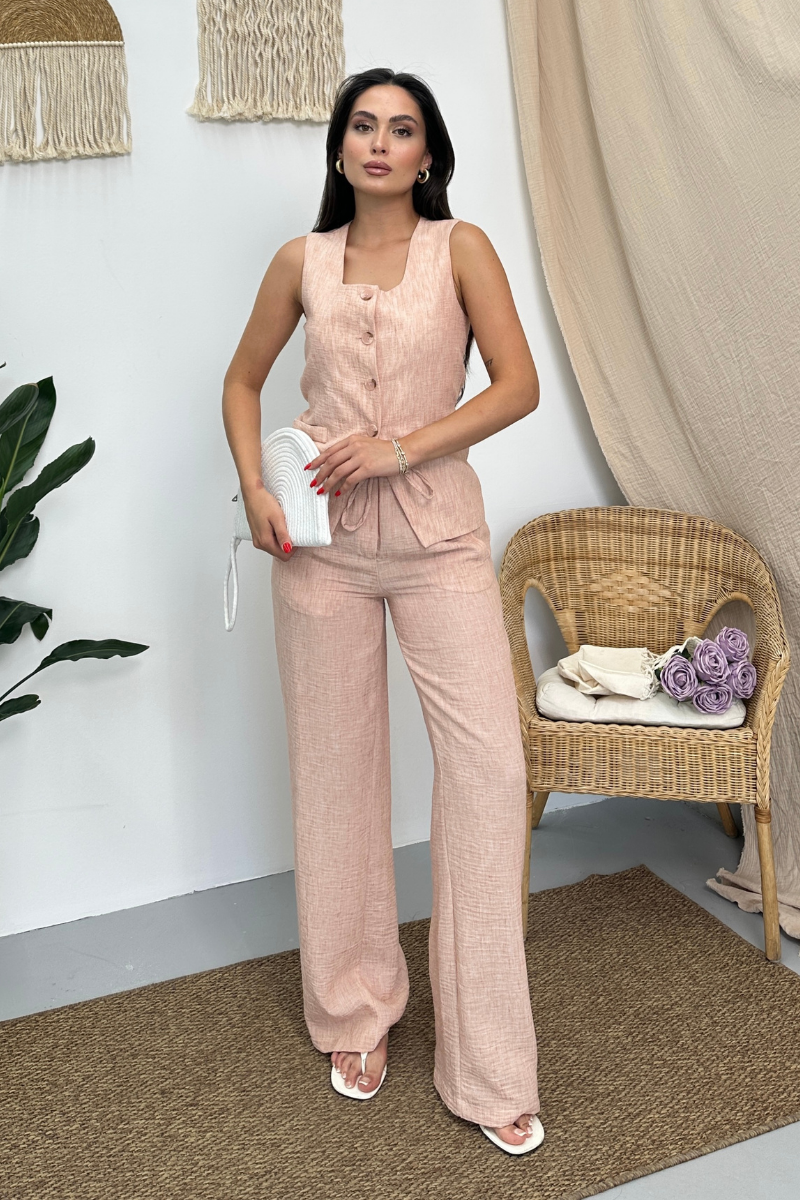 Kadın İkili Alt Üst Takım Keten Düğmeli Kare Yaka Beli Bağcıklı Regular Yelek Bol Pantolon Takım