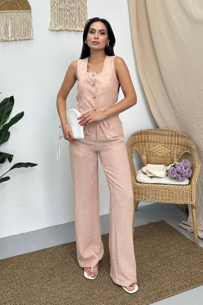 Kadın İkili Alt Üst Takım Keten Düğmeli Kare Yaka Beli Bağcıklı Regular Yelek Bol Pantolon Takım