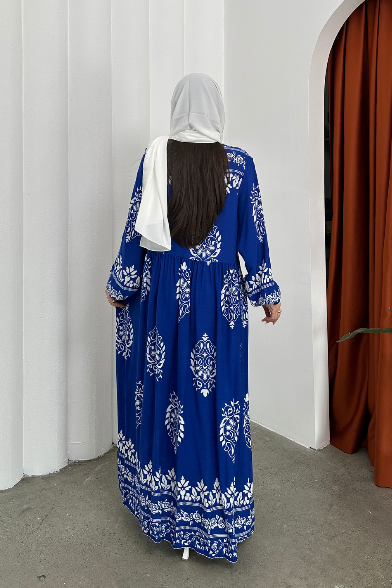 Kadın Elbise Uzun Yazlık Desenli V Yaka Tesettür Elbise