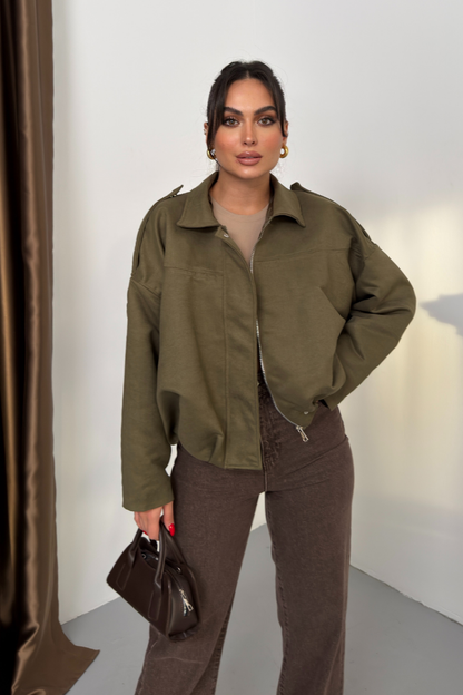 Kadın Mont Kısa Oversize Süet Fermuarlı Gömlek Yaka Düşük Omuz Ceket