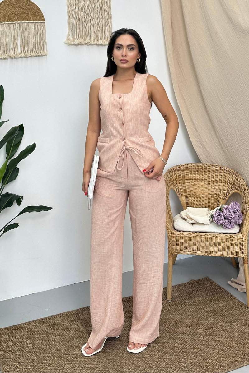 Kadın İkili Alt Üst Takım Keten Düğmeli Kare Yaka Beli Bağcıklı Regular Yelek Bol Pantolon Takım