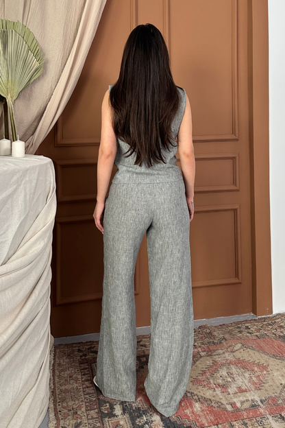 Kadın Alt Üst Takım Keten Düğme ve Cep Detaylı Kruvaze Yaka Yelek Bol Paça Pantolon Takım